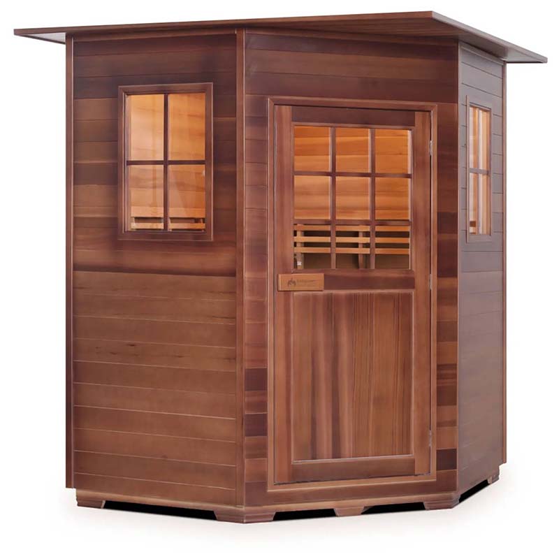 Wooden sauna cabin with glass windows and door, featuring a modern design.