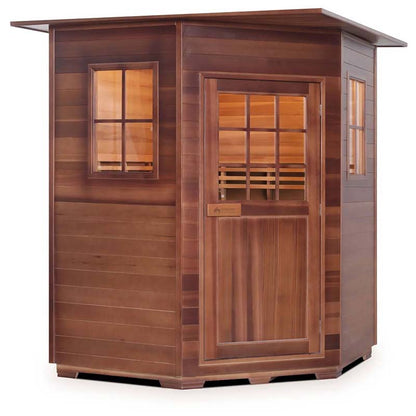 Wooden sauna cabin with glass windows and door, featuring a modern design.