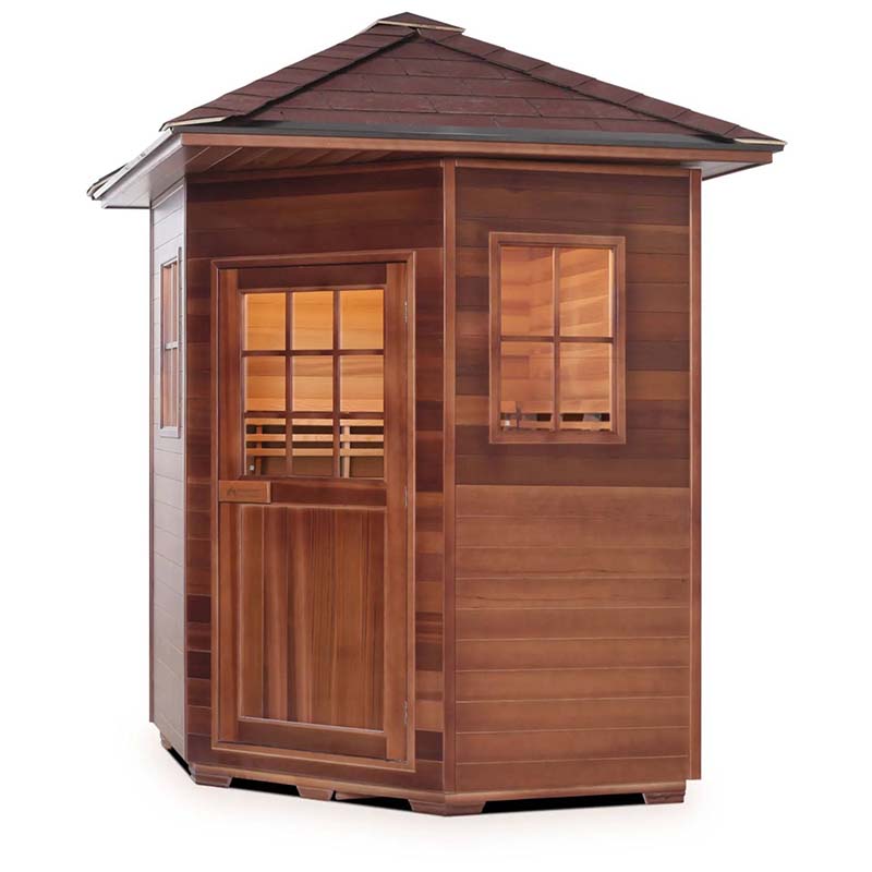 Wooden outdoor sauna with a pitched roof, featuring large windows and a cedar finish for relaxation and wellness.