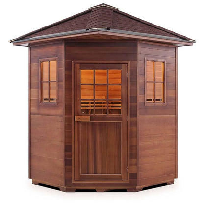 Hexagon cedar sauna cabin with glass-paneled door, rich wood tones, and angular roof. Ideal outdoor sauna.