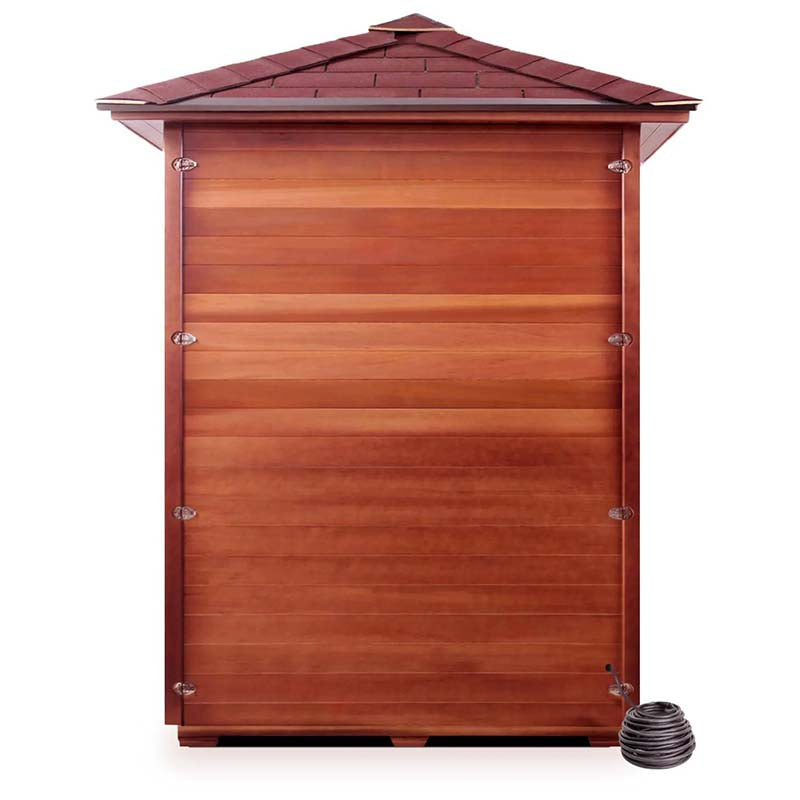 Finnleo sauna featuring a wooden cedar exterior with a unique pagoda-style roof.