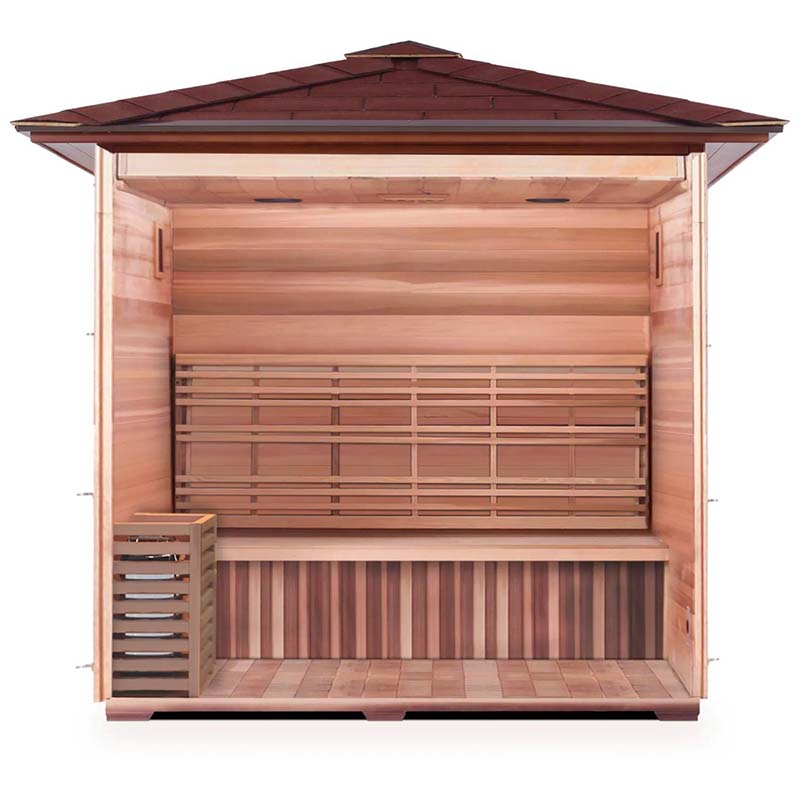 Cedar sauna with open front and slatted benches, featuring a sloped roof design.