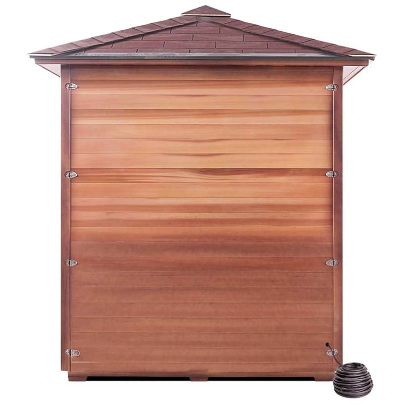 Wooden sauna with a shingle roof and metal hinges, featuring a compact design for backyard relaxation.
