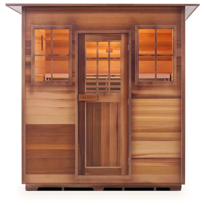 Outdoor cedar sauna with glass windows and wooden door.