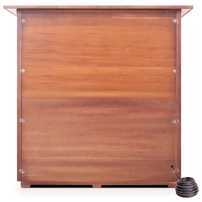 Wooden sauna wall panel with cedar finish and corner hinges.