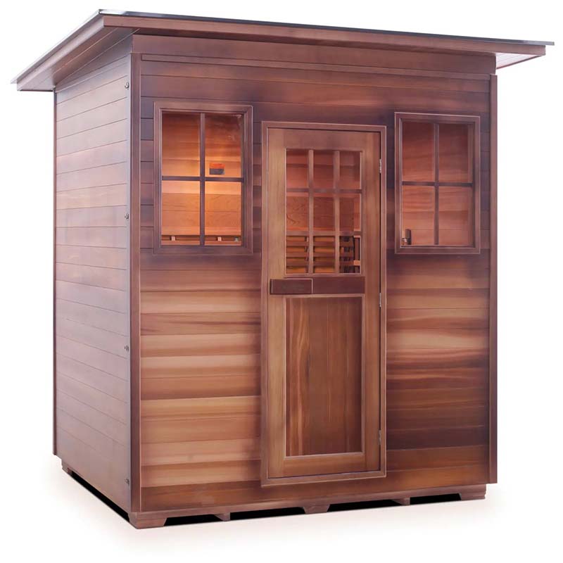 Cedar sauna cabin with window design and natural wood finish for outdoor relaxation.