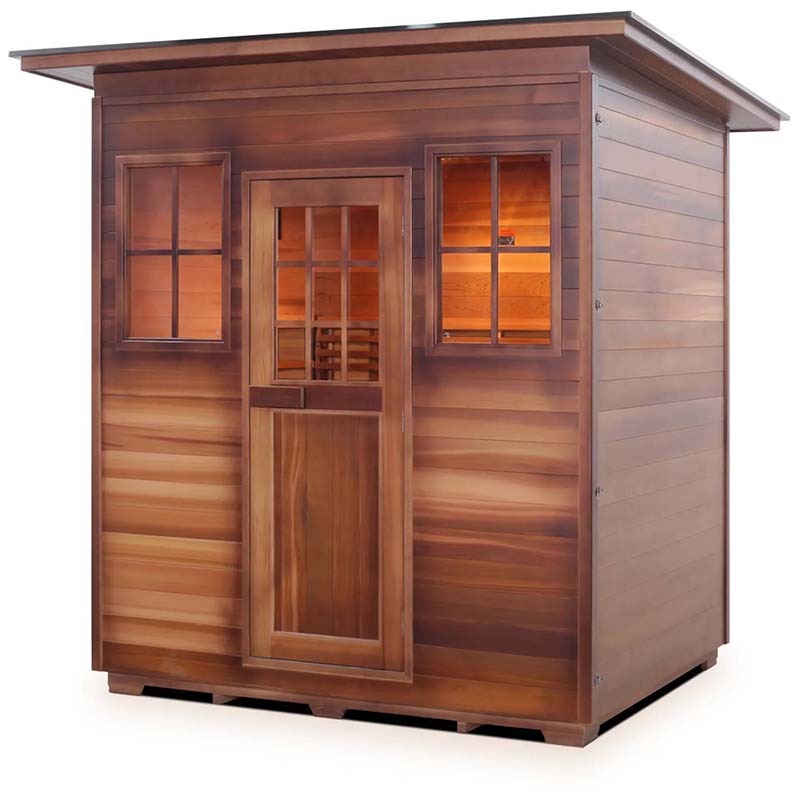 Wooden outdoor sauna with glass windows and door, featuring a sleek, modern design.