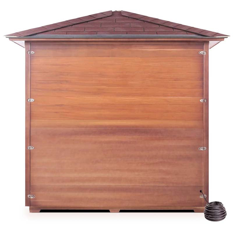 Wood Hive officia 3 Person Premium sauna with a red shingled roof and natural wood panels.