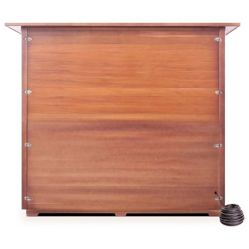 Wood-frame Coperni Sensory Deprivation Tank with sleek metal clasps for relaxation therapy.