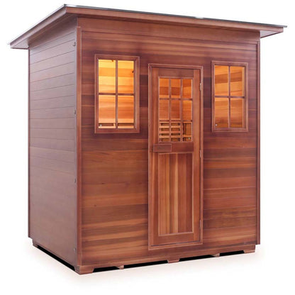 Cedro sauna with glass-panel door and warm lighting.