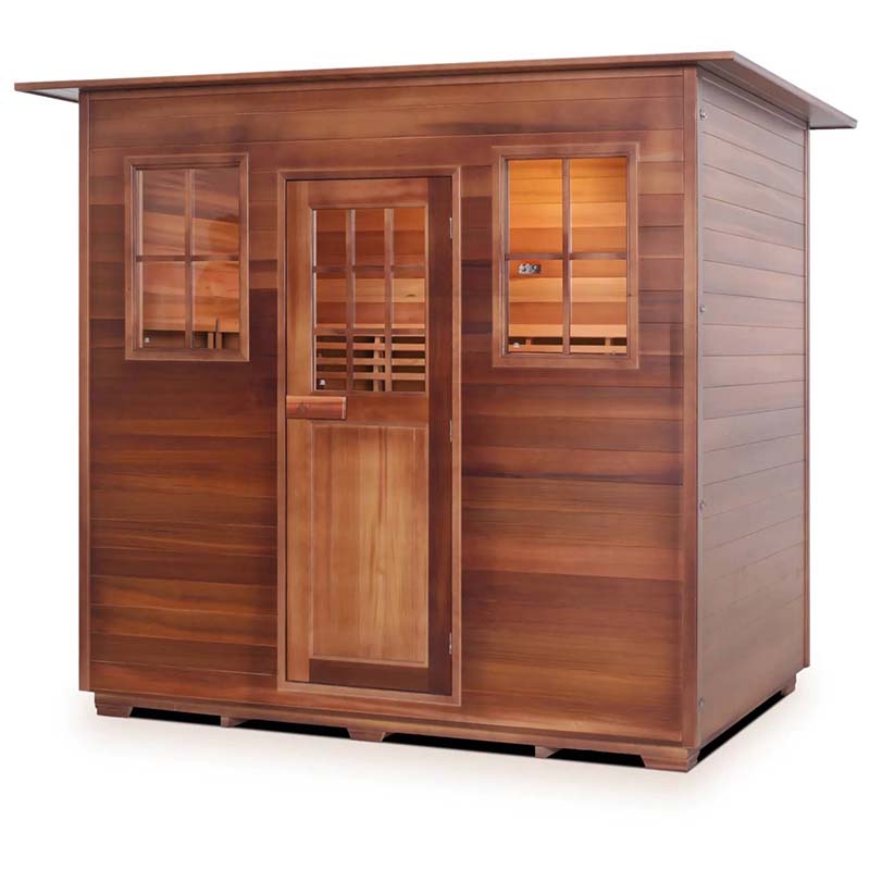 Cedar sauna shed with glazed windows and door, featuring a durable wooden construction for home relaxation.