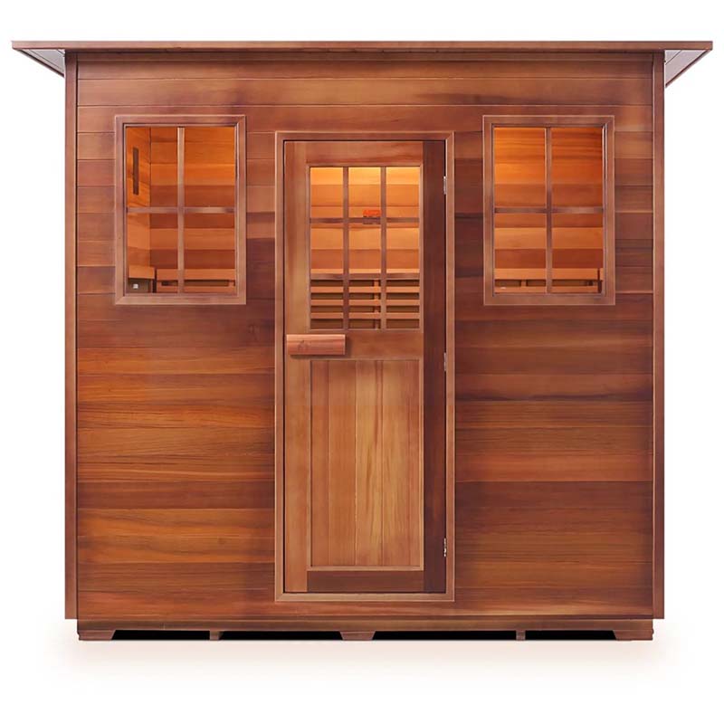 Cedarwood sauna house with a sleek design and glass door, offering indoor relaxation.