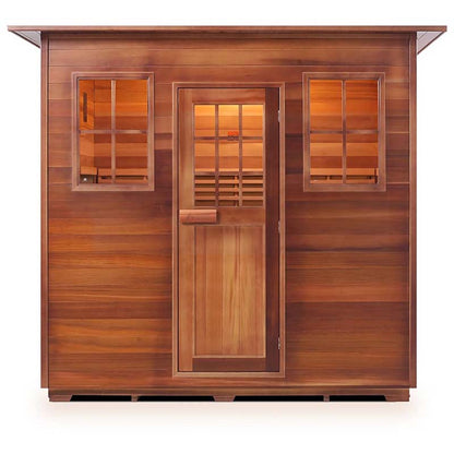 Cedarwood sauna house with a sleek design and glass door, offering indoor relaxation.