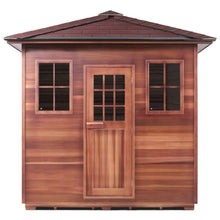 Wooden garden shed with cedar finish and a brown shingled roof.