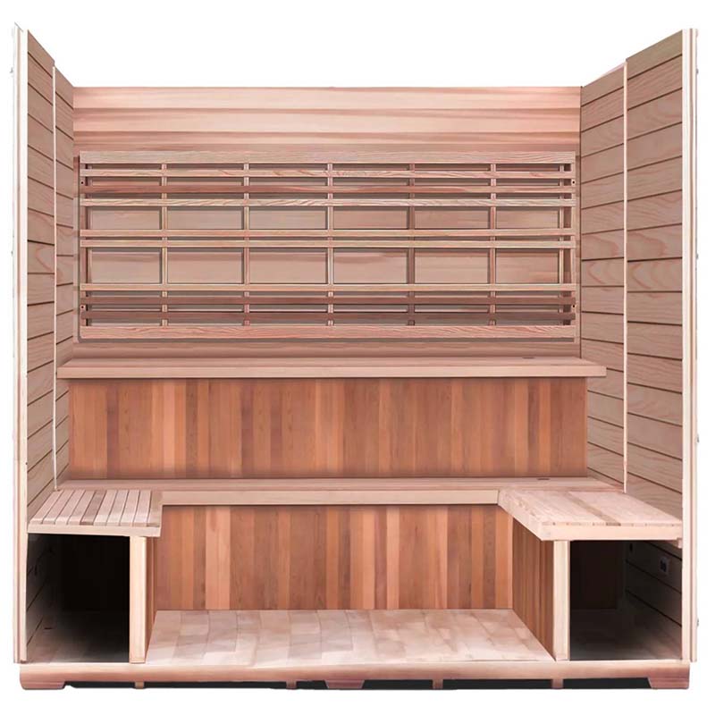 Cedar sauna interior with wooden benches and slatted backrest for relaxation.