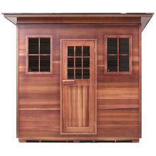 Cedar garden shed with two windows and wooden door, natural wood finish.