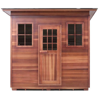Cedar garden shed with two windows and wooden door, natural wood finish.