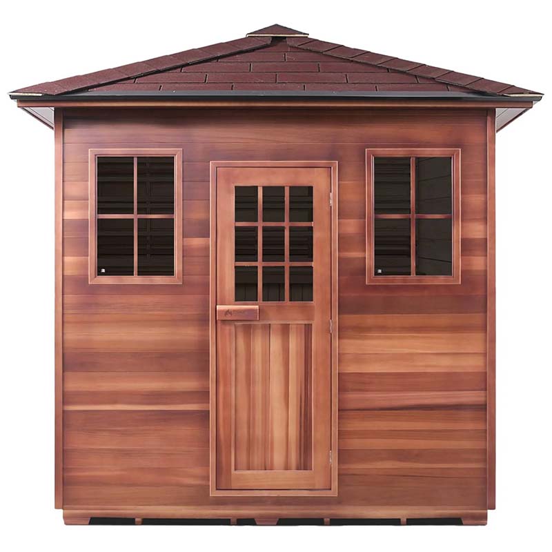 Wooden garden shed with a shingled roof and two windows, perfect for outdoor storage solutions.