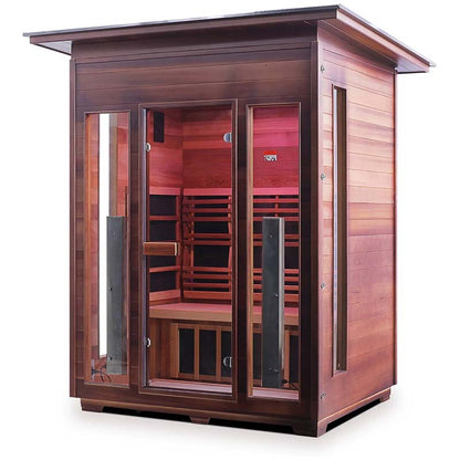 Two-person infrared sauna with cedar wood exterior and glass doors.