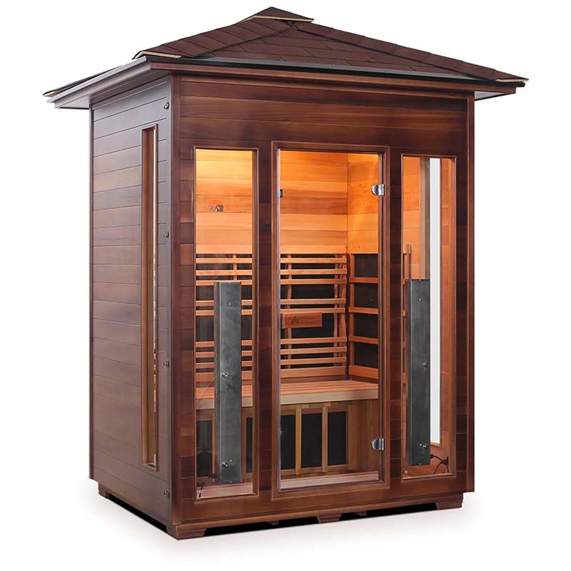 Outdoor infrared sauna with glass doors and wooden finish.