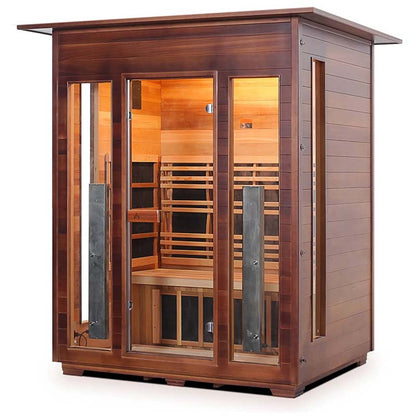 Outdoor infrared sauna with glass doors and cedar wood finish.