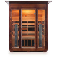 Sunlighten infrared sauna with spacious cedar interior and glass doors.