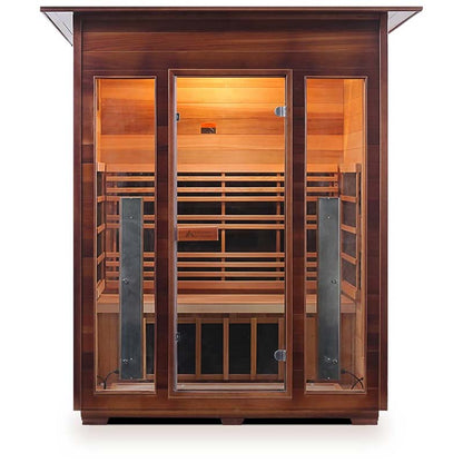 Sunlighten infrared sauna with spacious cedar interior and glass doors.