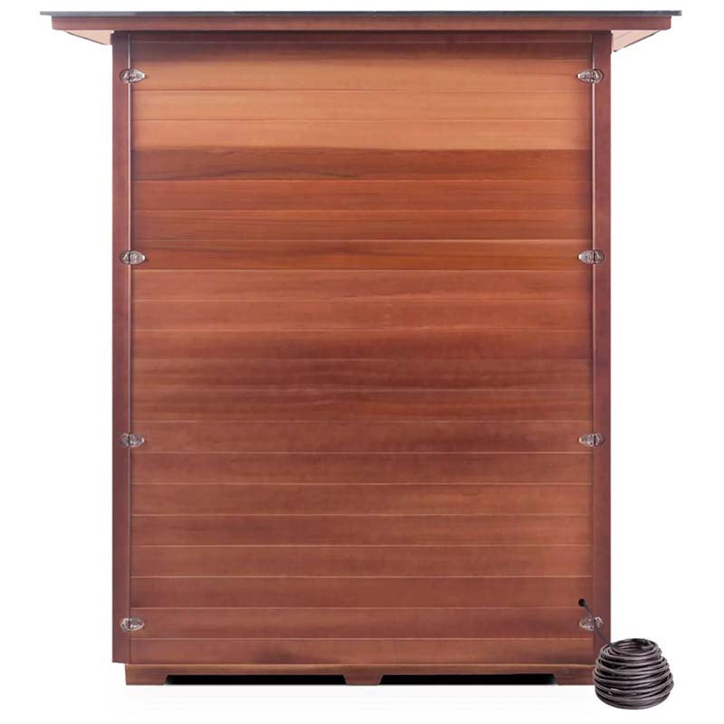 Cedar chicken coop with flat roof and metal latches, featuring a compact design for backyard use.