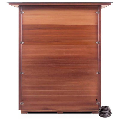 Cedar chicken coop with flat roof and metal latches, featuring a compact design for backyard use.