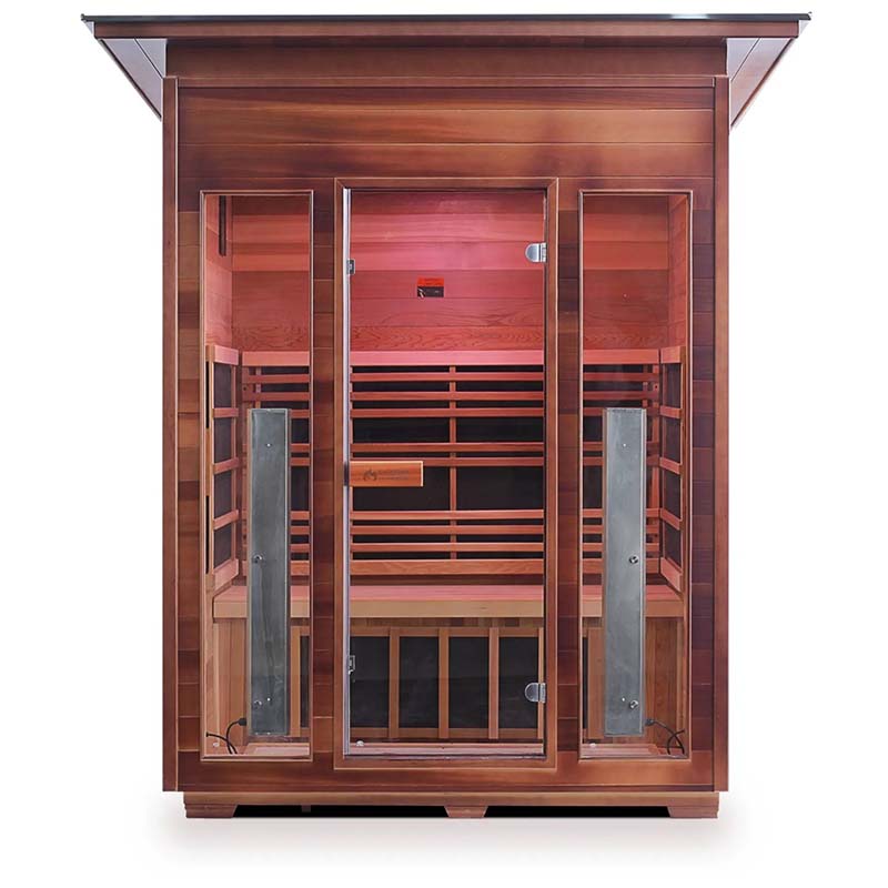 Infrared sauna cabin with glass doors and cedar wood panels.