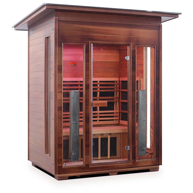 Wooden outdoor sauna with glass doors and infrared panels for home relaxation.