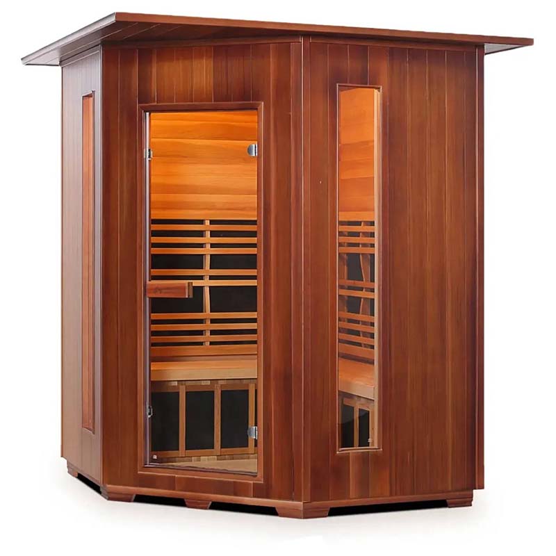 Wooden infrared sauna with glass door and panels, featuring sleek design for home relaxation.