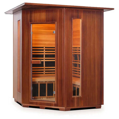 Wooden infrared sauna with glass door and panels, featuring sleek design for home relaxation.