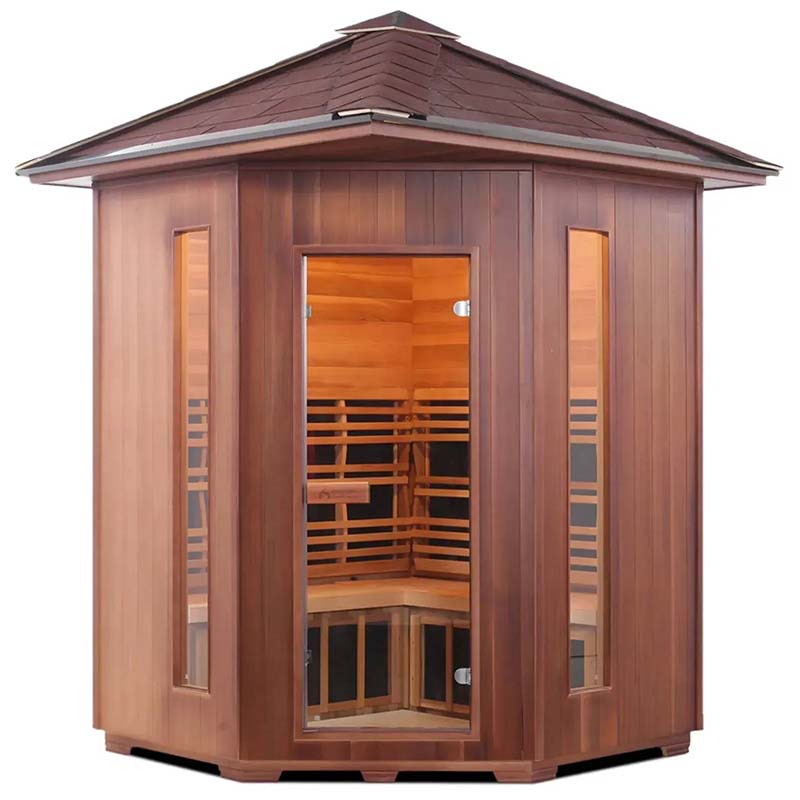 Wooden outdoor sauna with glass doors and cedar finish.