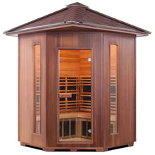 Wooden outdoor sauna with glass doors and cedar finish.