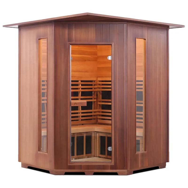 Corner infrared sauna with glass door and cedar wood panels.