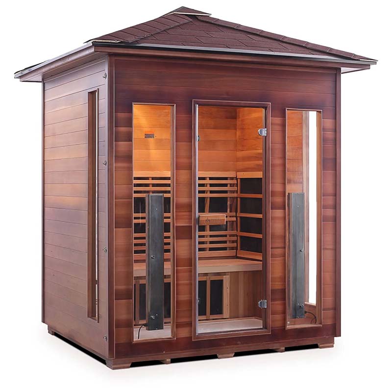 Cedar infrared sauna with glass doors and spacious interior for relaxation.