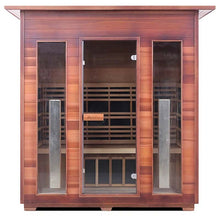 Three-person infrared sauna with cedar wood panels and glass door.