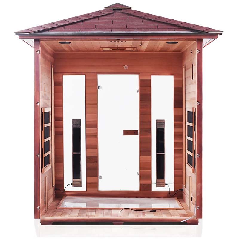 Outdoor cedar infrared sauna with glass doors and a shingled roof.