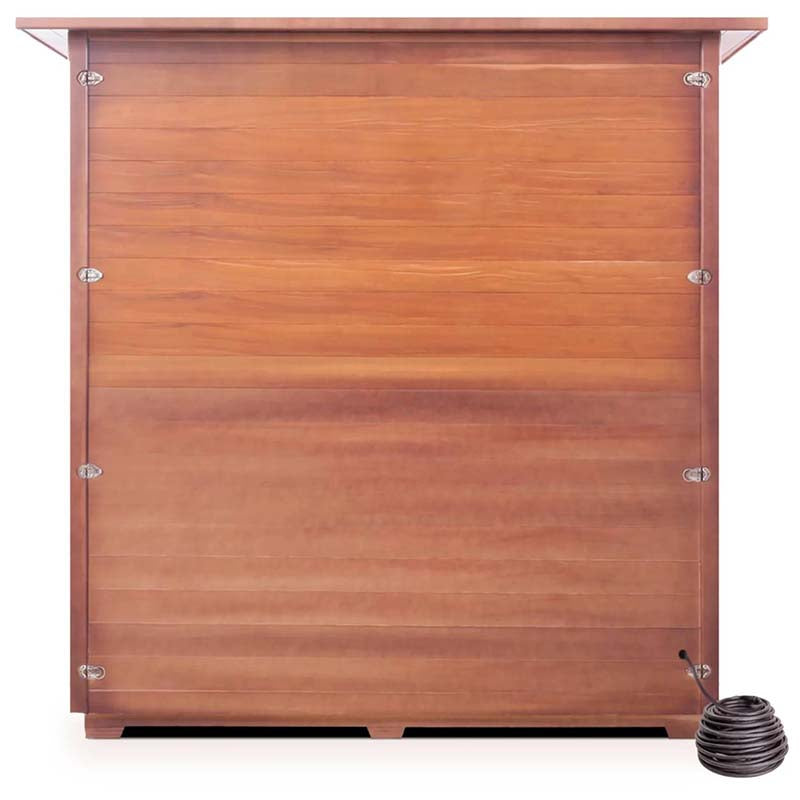 Wooden sauna with a sleek design and integrated control panel for easy use.