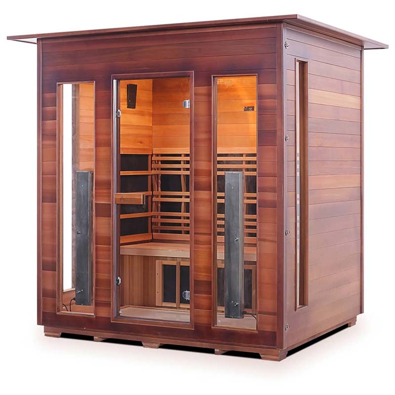 Cedar infrared sauna cabin with glass doors and modern design.