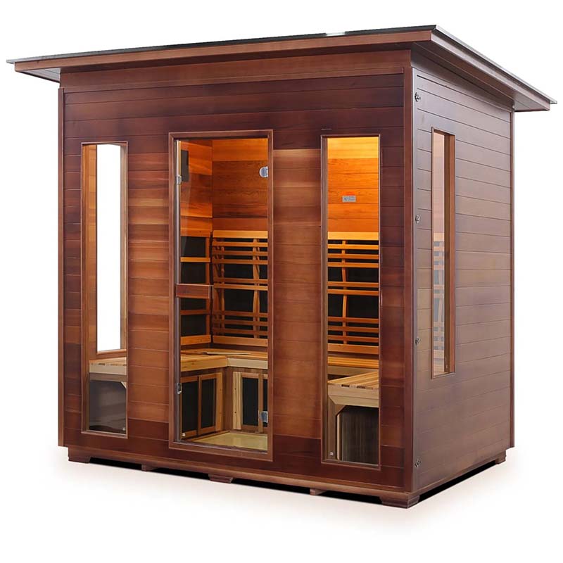 Cedar infrared sauna with glass doors and spacious interior.