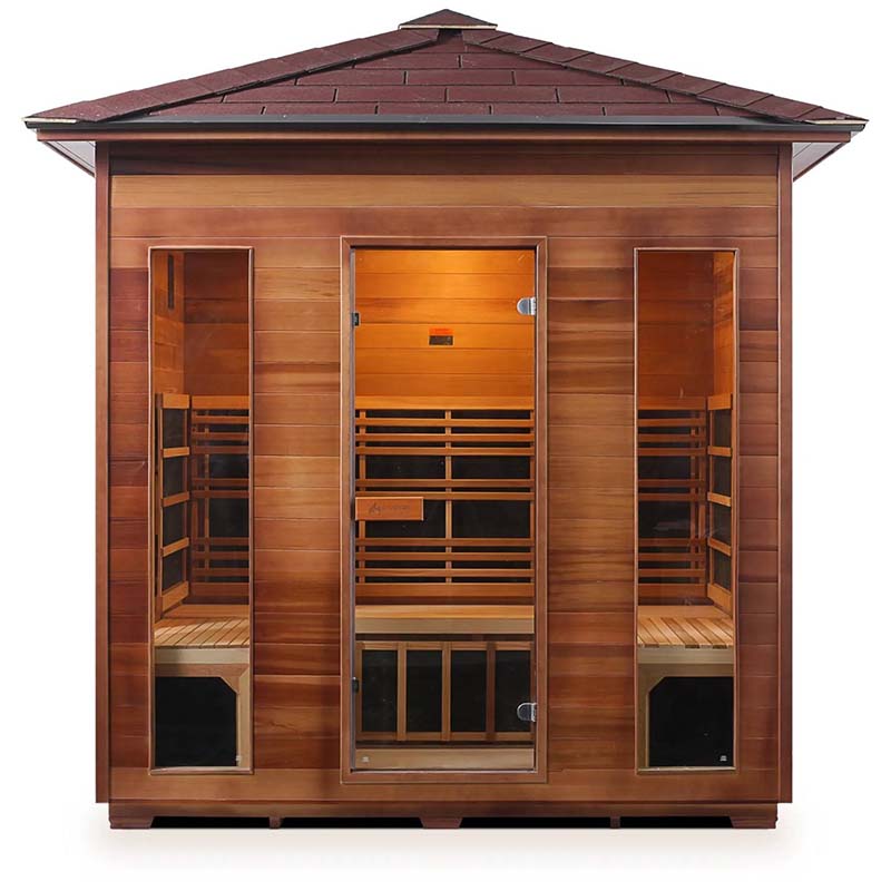 Outdoor cedar infrared sauna with glass door and windows, featuring a spacious interior.
