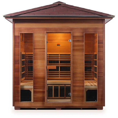 Outdoor cedar infrared sauna with glass door and windows, featuring a spacious interior.