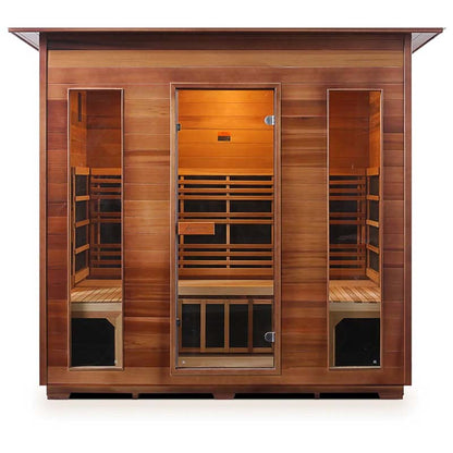 Cedar infrared sauna with glass doors and interior lighting.