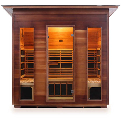 Cedar infrared sauna with glass doors and warm interior lighting.