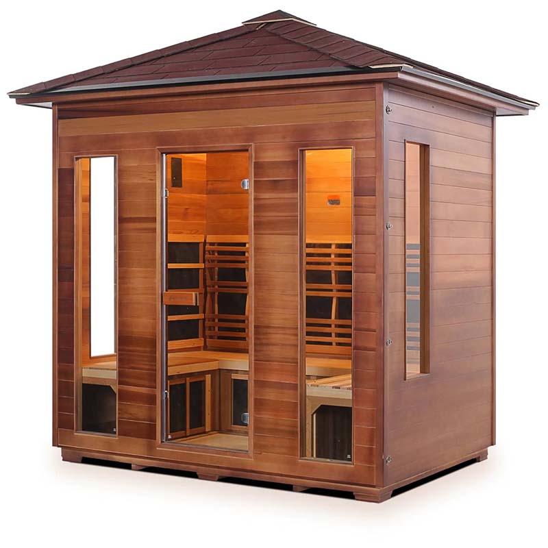 Cedar infrared sauna with glass doors and a pitched roof, perfect for home relaxation.