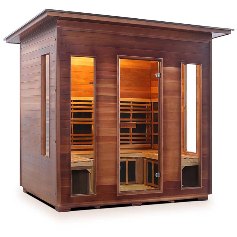 Outdoor infrared sauna with cedar wood panels and glass doors.
