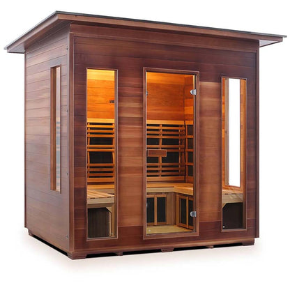 Outdoor infrared sauna with cedar wood panels and glass doors.