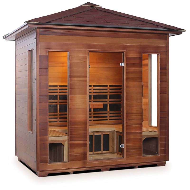 Outdoor cedar infrared sauna with glass doors and a sloped roof.